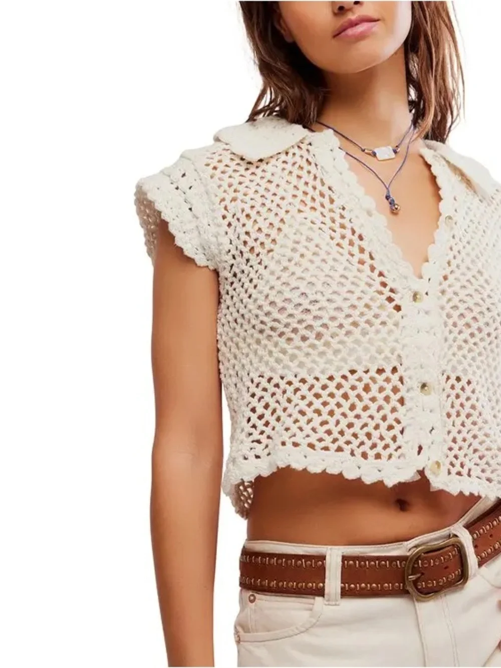 Free People Cream Crochet Button-Front Short Sleeve Top